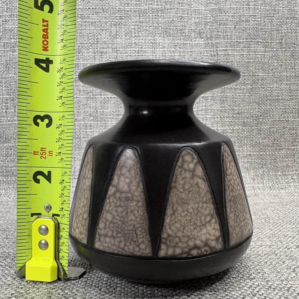 Mid-Century Modern Geometric Ceramic Bud Vase Dark Brown Tan Crackle Glaze 4